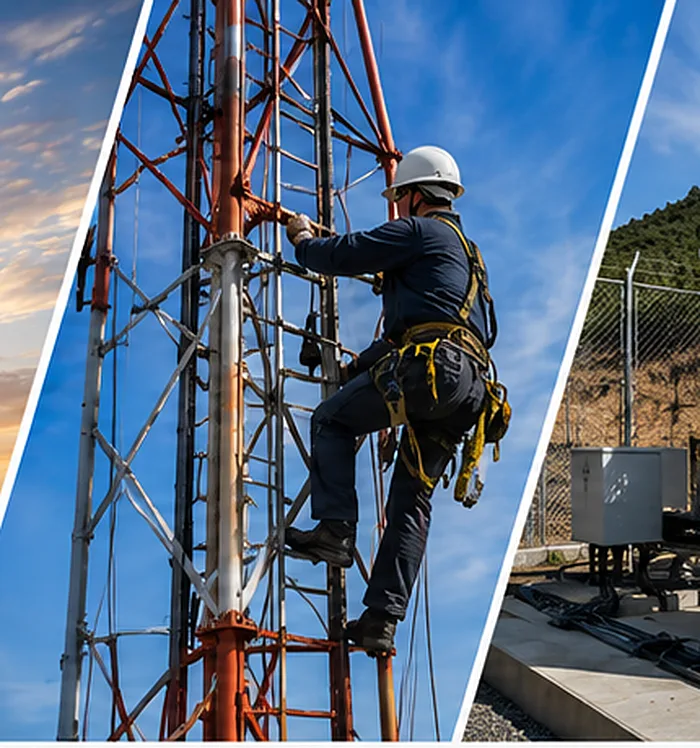 Técnicos executando reforço estrutural em torre